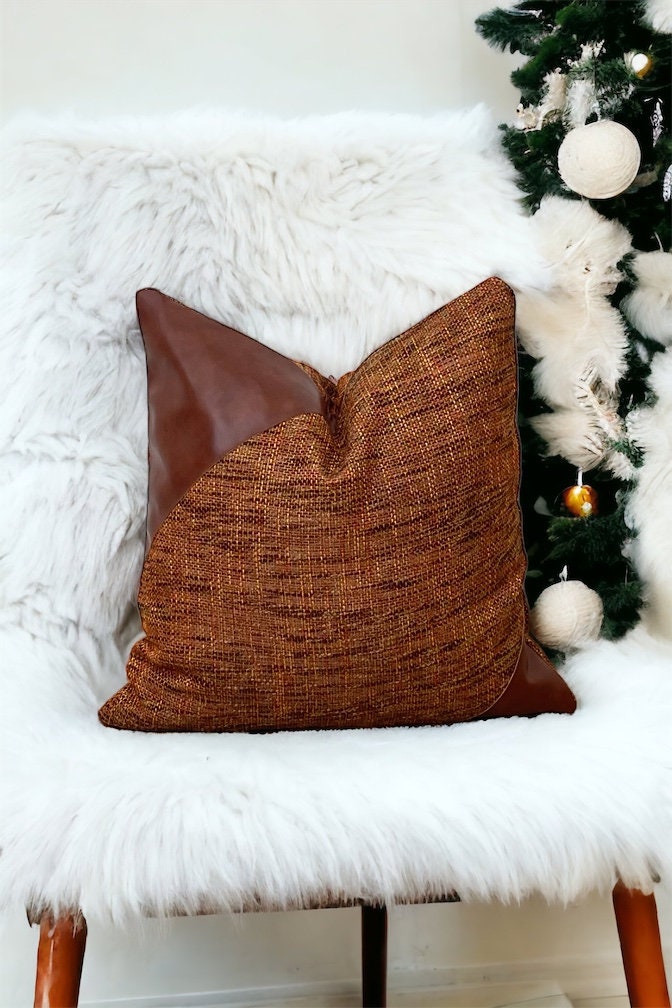 Orange Linen Pillow Case,Brown Leather details,Pillow cover,Housewarming,18x18 pillows,20x20 pillows,Birthday Gift