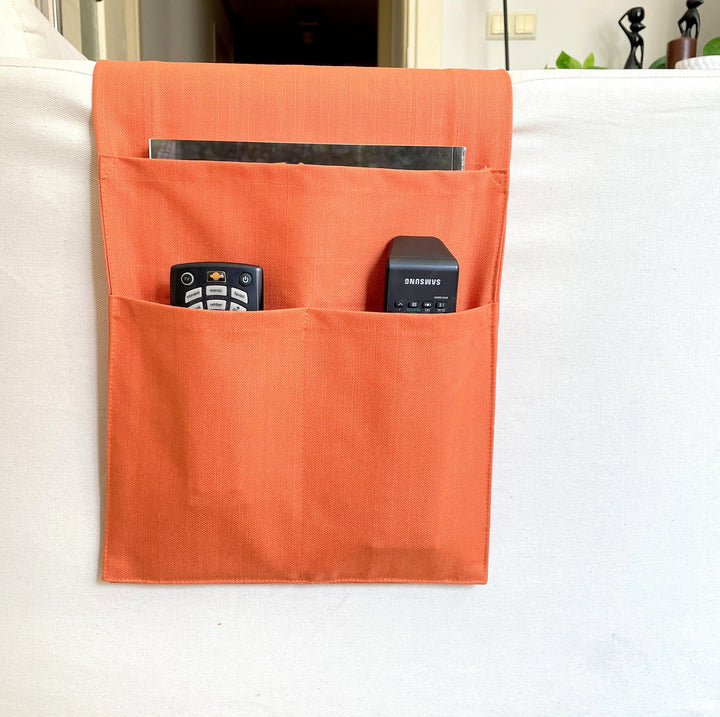 Orange Armrest Organizer,Remote Control Holder,Storage Basket,Canvas Armchair Organizer,Housewarming,Magazine Holder