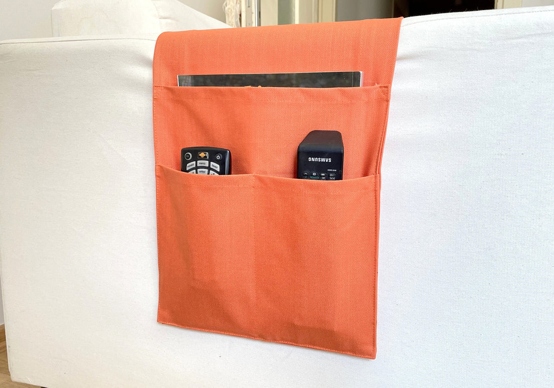 Orange Armrest Organizer,Remote Control Holder,Storage Basket,Canvas Armchair Organizer,Housewarming,Magazine Holder