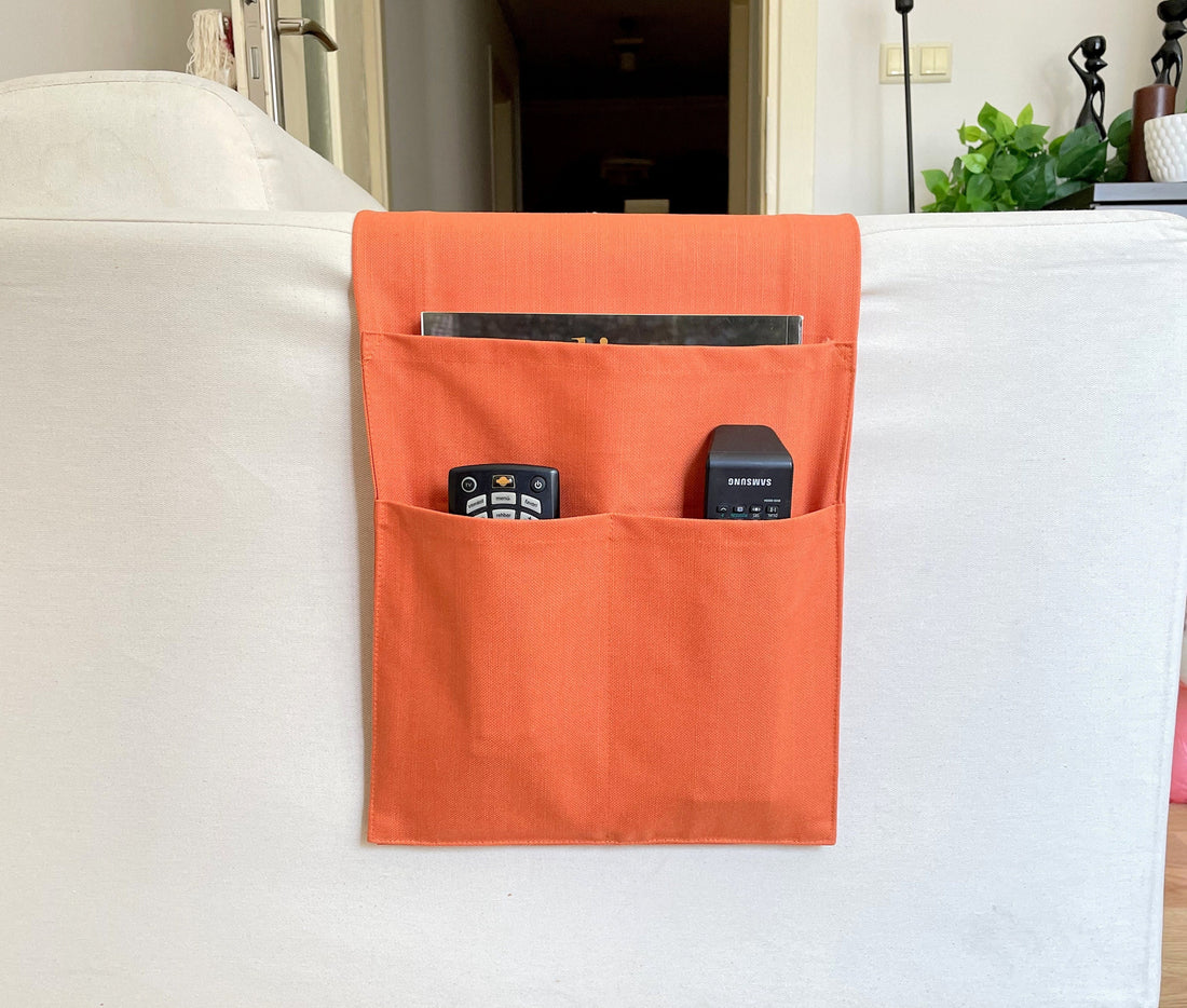 Orange Armrest Organizer,Remote Control Holder,Storage Basket,Canvas Armchair Organizer,Housewarming,Magazine Holder