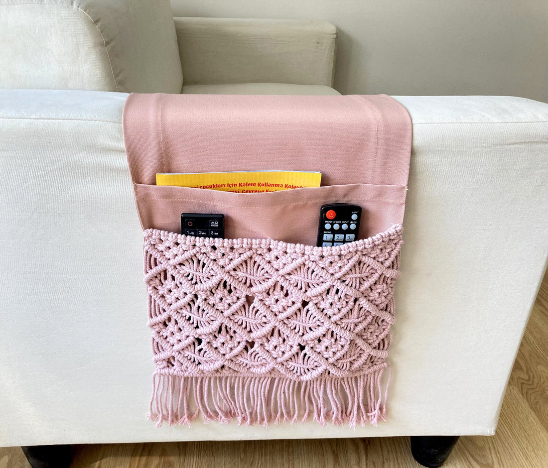 Pink Macrame Armrest Organizer,Remote Control Holder,Storage Basket,Armchair Organizer,Birthday Gift,Magazine Holder