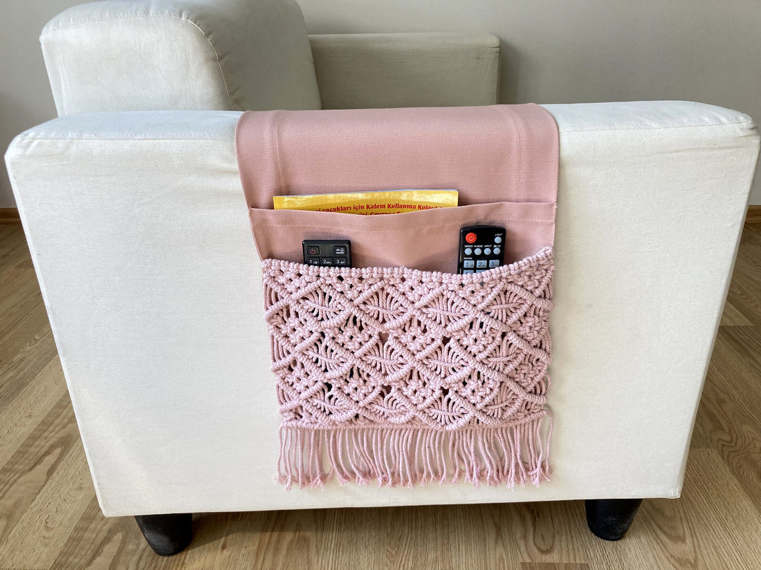 Pink Macrame Armrest Organizer,Remote Control Holder,Storage Basket,Armchair Organizer,Birthday Gift,Magazine Holder