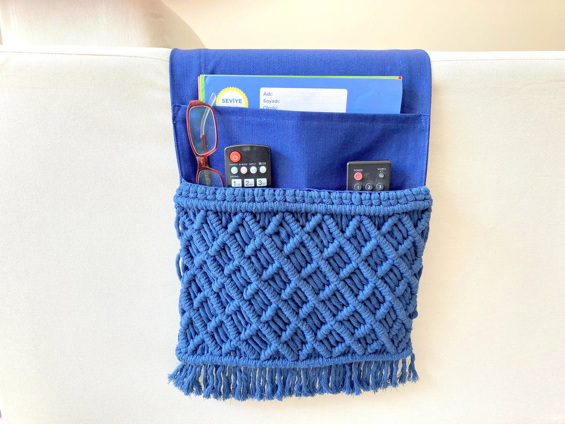 Navy Macrame Armrest Organizer,Remote Control Holder,Storage Basket,Armchair Organizer,11x37"