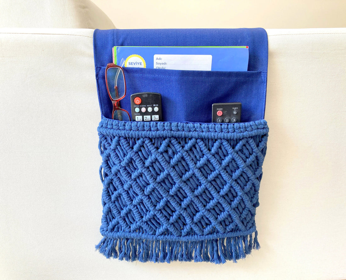 Navy Macrame Armrest Organizer,Remote Control Holder,Storage Basket,Armchair Organizer,11x37"