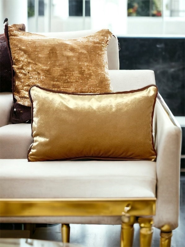 Gold Brown piping Velvet Lumbar Pillow Cover