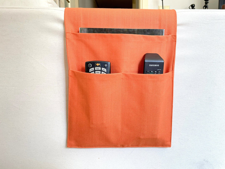 Orange Armrest Organizer,Remote Control Holder,Storage Basket,Canvas Armchair Organizer,Housewarming,Magazine Holder