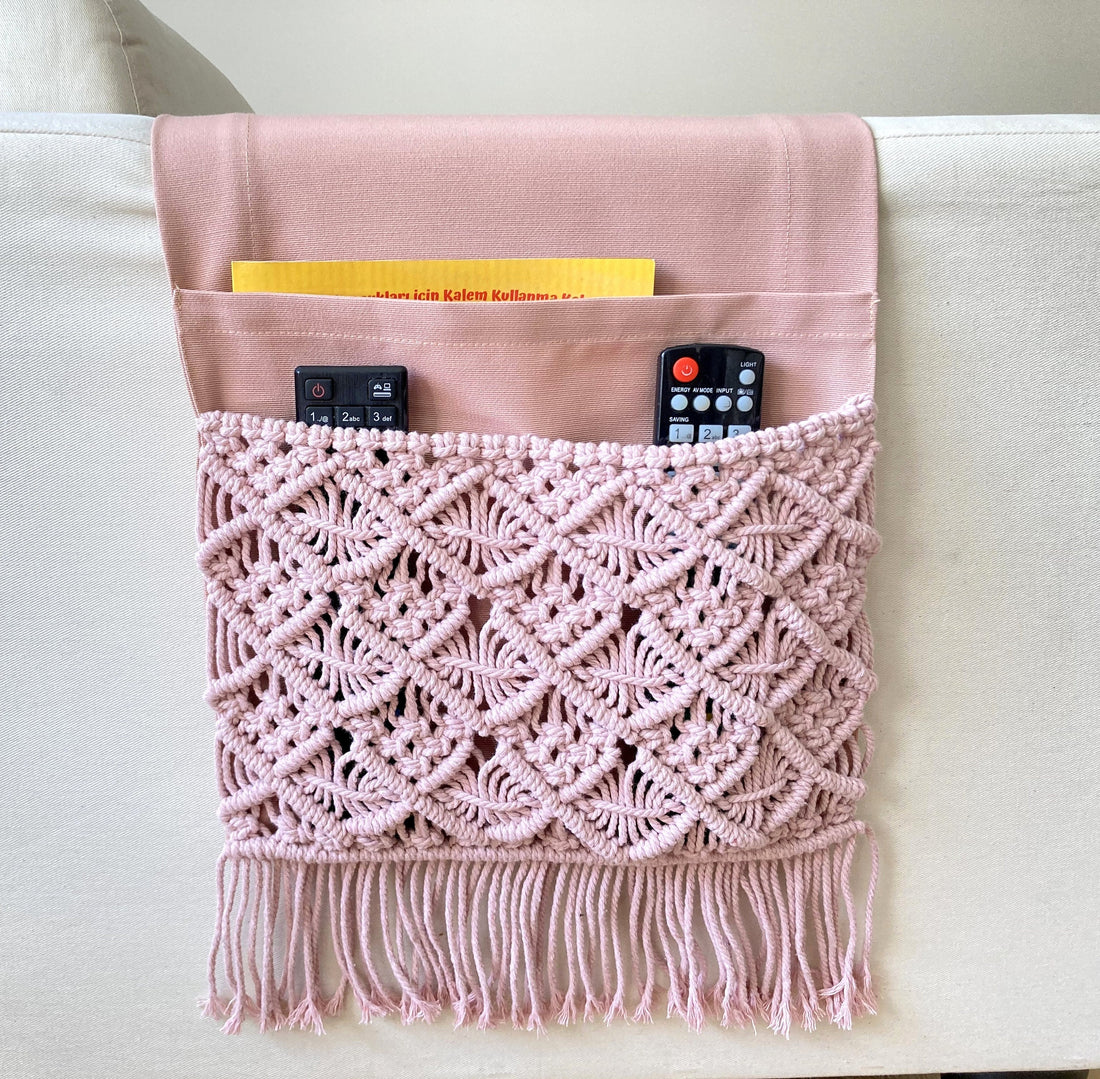 Pink Macrame Armrest Organizer,Remote Control Holder,Storage Basket,Armchair Organizer,Birthday Gift,Magazine Holder