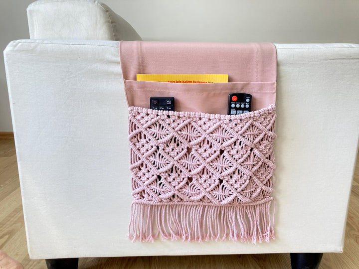 Pink Macrame Armrest Organizer,Remote Control Holder,Storage Basket,Armchair Organizer,Birthday Gift,Magazine Holder