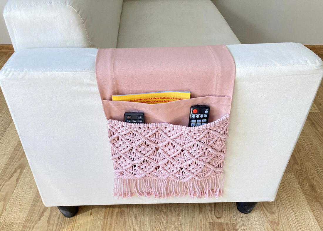 Pink Macrame Armrest Organizer,Remote Control Holder,Storage Basket,Armchair Organizer,Birthday Gift,Magazine Holder