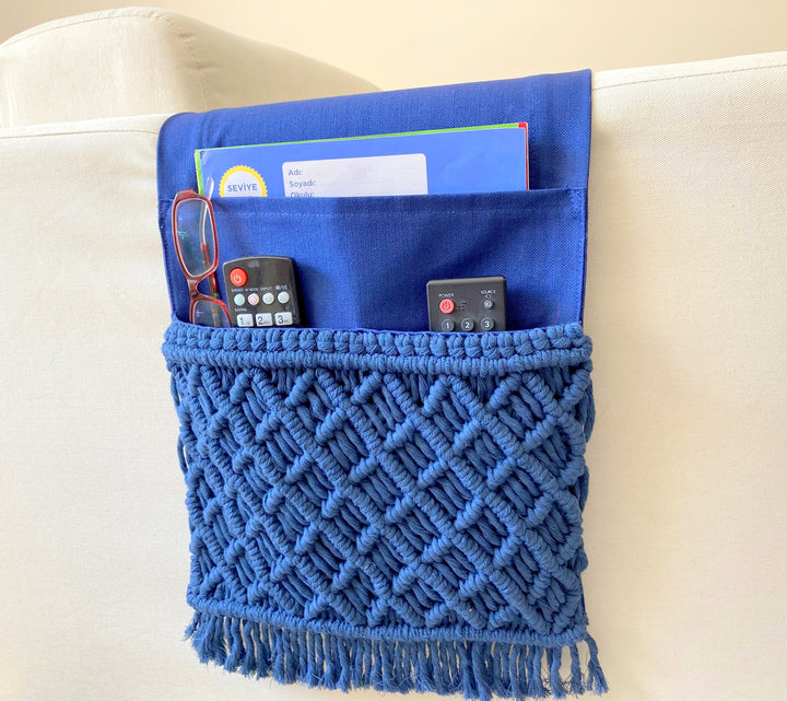 Navy Macrame Armrest Organizer,Remote Control Holder,Storage Basket,Armchair Organizer,11x37"