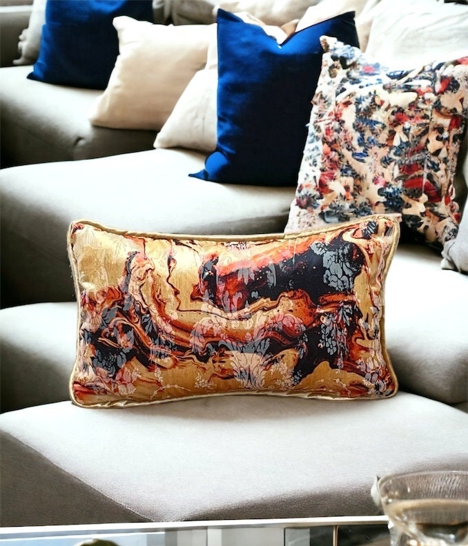 Multicolor Gold piping Velvet Lumbar Pillow Cover