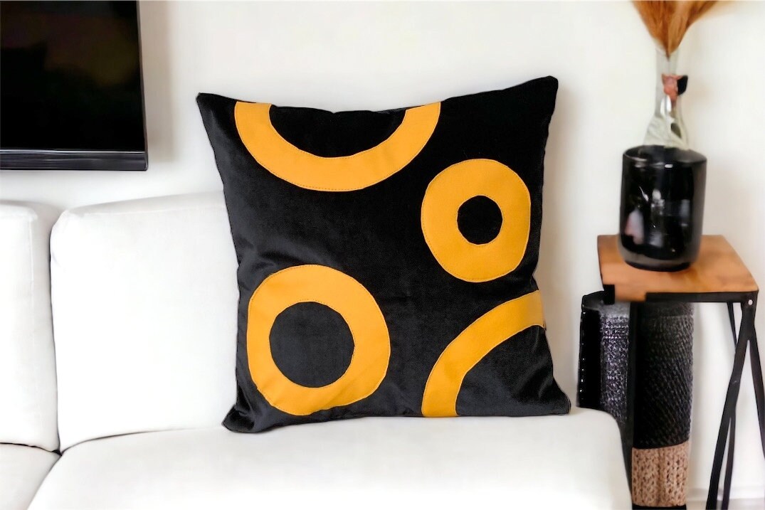 Black Velvet and Leather Pillow Cover