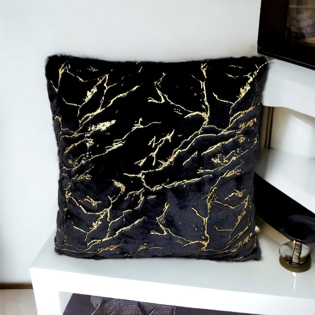 Luxury Black & Gold faux Fur Pillow Cover