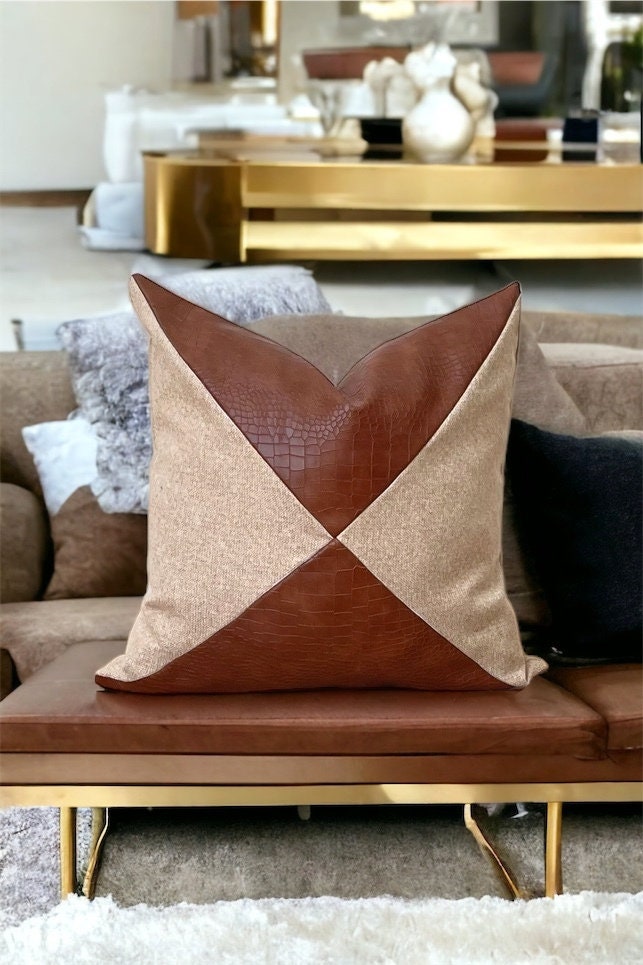 Linen & Crocodile Leather Pillow Cover