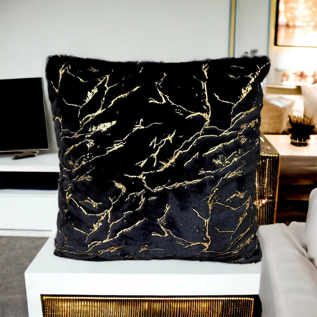 Luxury Black & Gold faux Fur Pillow Cover