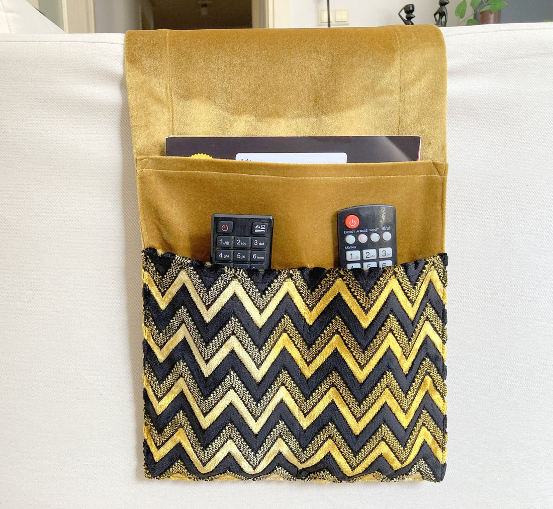 Gold Black chevron Velvet Armrest Organizer