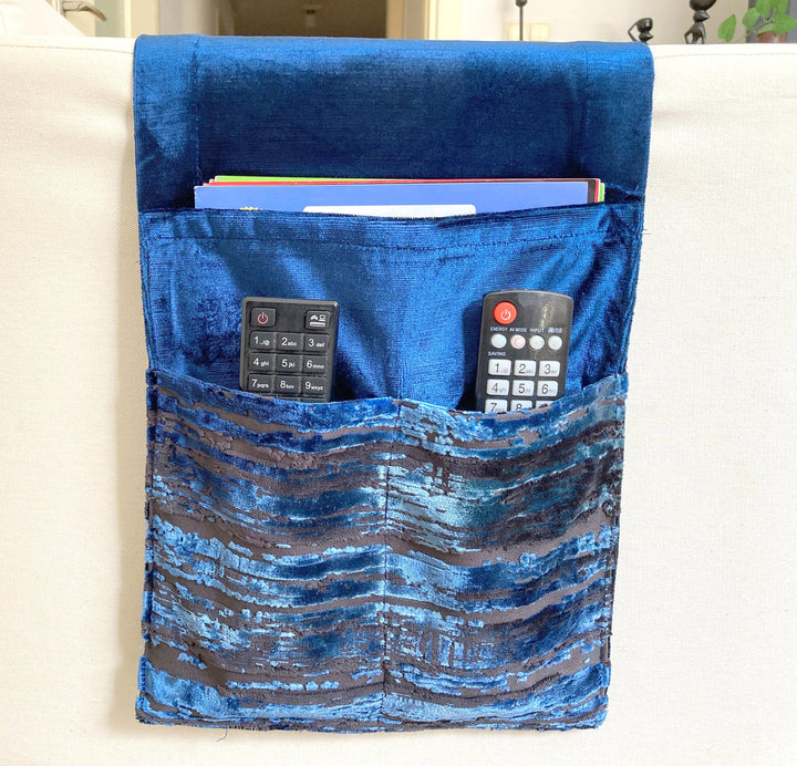 Navy Velvet Armrest Organizer,Remote Control Holder,Storage Basket,Armchair Organizer,Home Gift,Birthday Gift