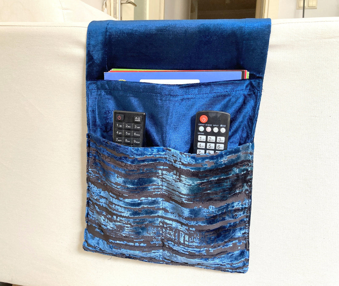 Navy Velvet Armrest Organizer,Remote Control Holder,Storage Basket,Armchair Organizer,Home Gift,Birthday Gift