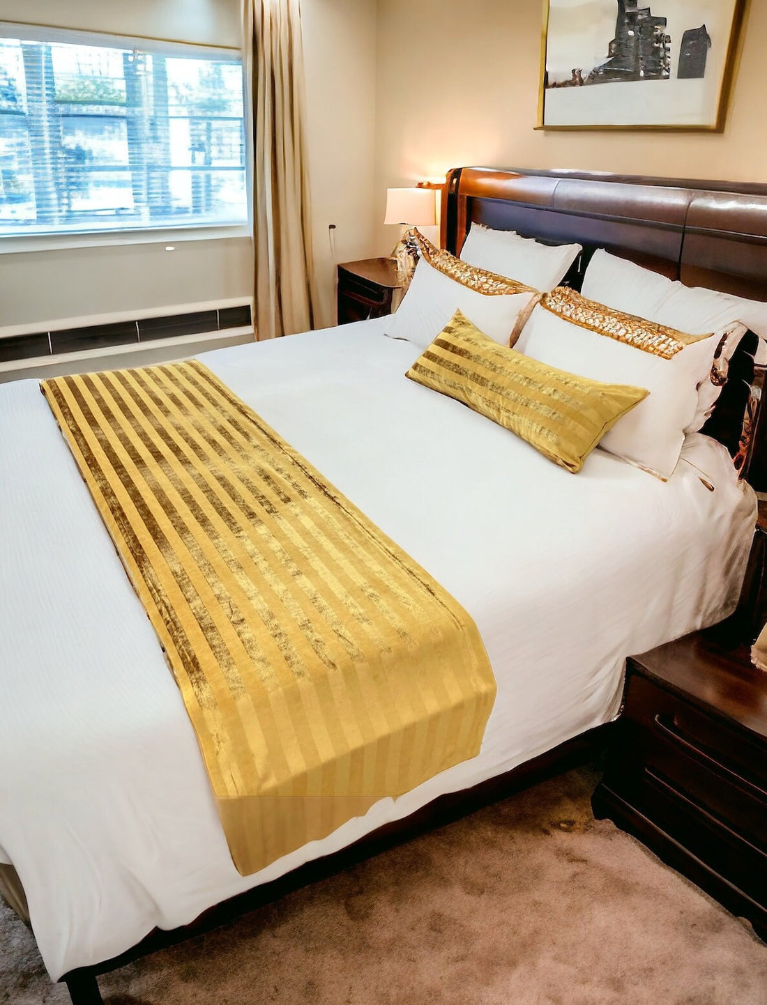 Gold Striped Velvet Bed Runner