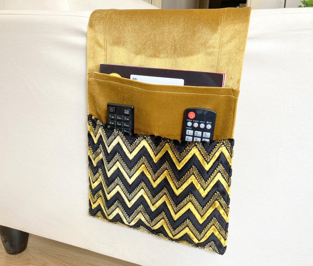 Gold Black chevron Velvet Armrest Organizer