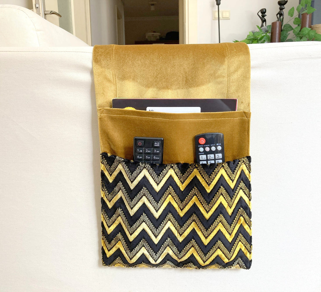 Gold Black chevron Velvet Armrest Organizer