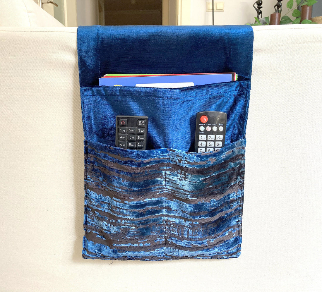 Navy Velvet Armrest Organizer,Remote Control Holder,Storage Basket,Armchair Organizer,Home Gift,Birthday Gift