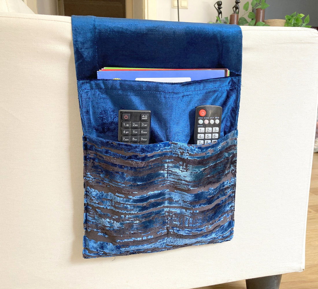 Navy Velvet Armrest Organizer,Remote Control Holder,Storage Basket,Armchair Organizer,Home Gift,Birthday Gift