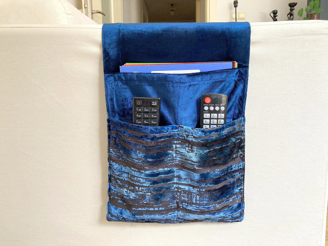 Navy Velvet Armrest Organizer,Remote Control Holder,Storage Basket,Armchair Organizer,Home Gift,Birthday Gift