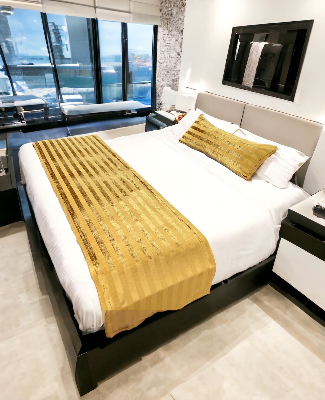 Gold Striped Velvet Bed Runner