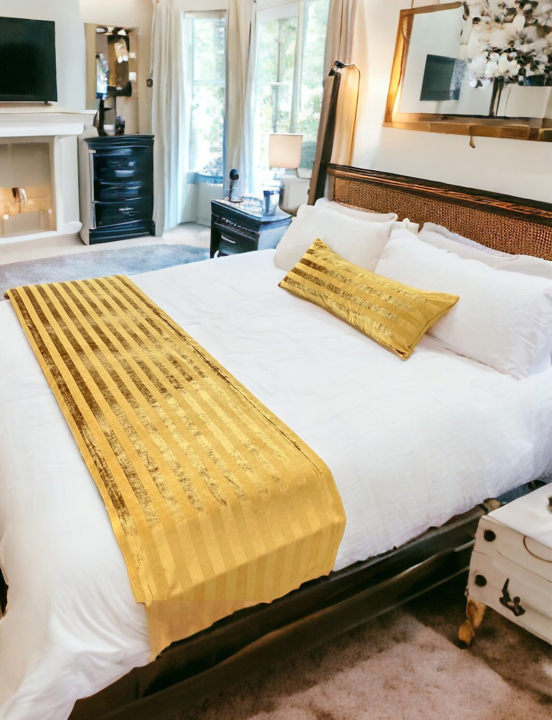 Gold Striped Velvet Bed Runner