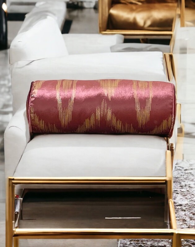 Piping Rose Pink Gold Patterned Decorative Velvet Cylinder Pillow - Perfect for Home Decor and Gifting