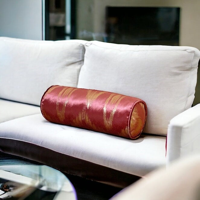 Piping Rose Pink Gold Patterned Decorative Velvet Cylinder Pillow - Perfect for Home Decor and Gifting