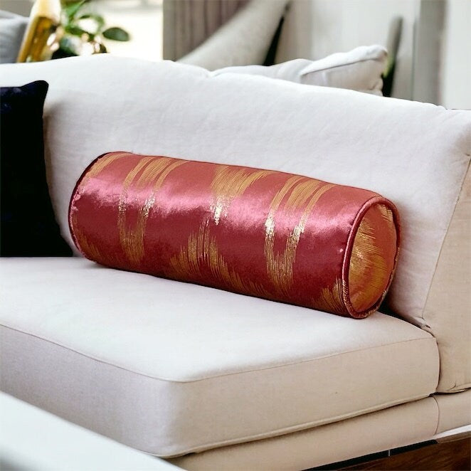 Piping Rose Pink Gold Patterned Decorative Velvet Cylinder Pillow - Perfect for Home Decor and Gifting