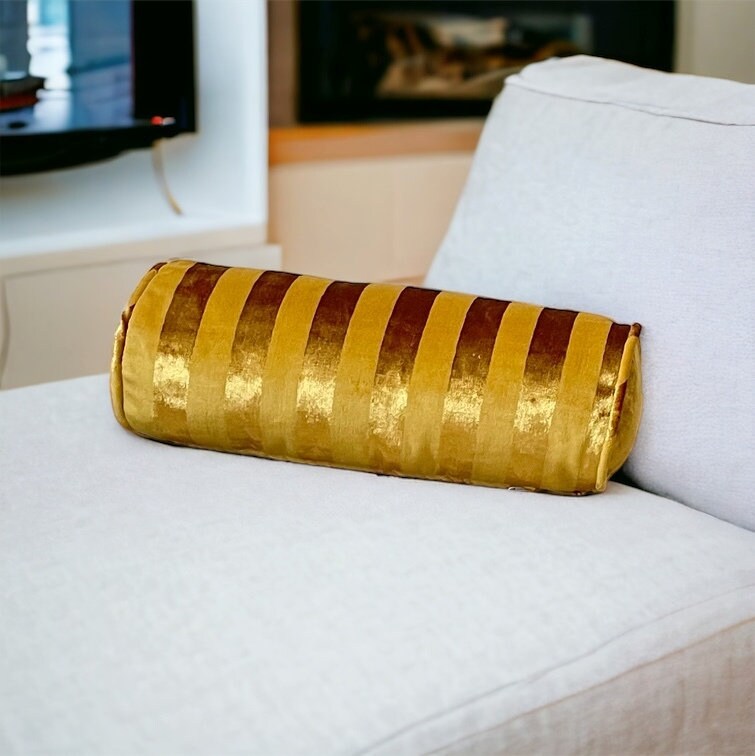 Gold Striped Velvet Bolster Pillow Cover