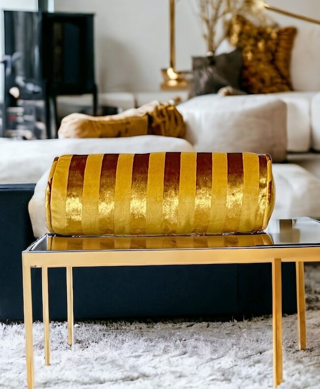 Gold Striped Velvet Bolster Pillow Cover