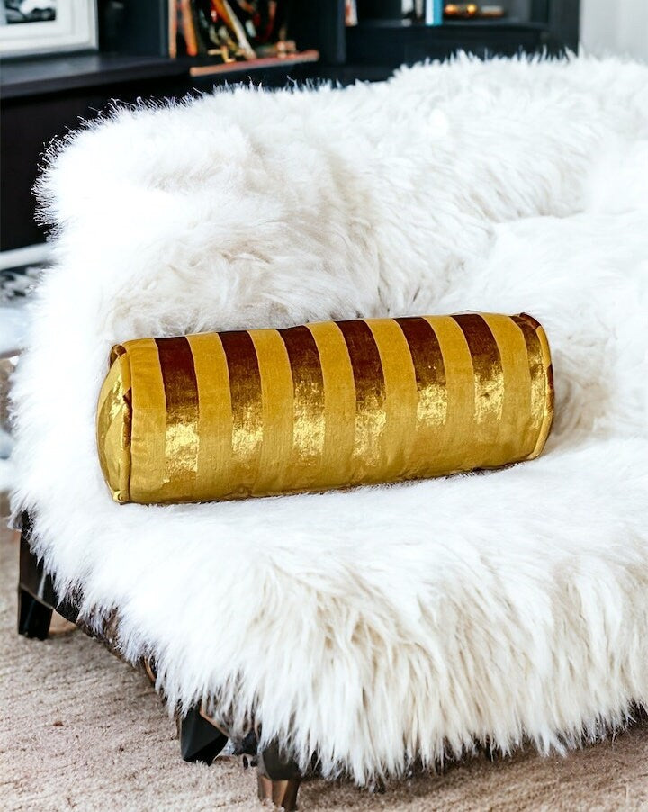 Gold Striped Velvet Bolster Pillow Cover