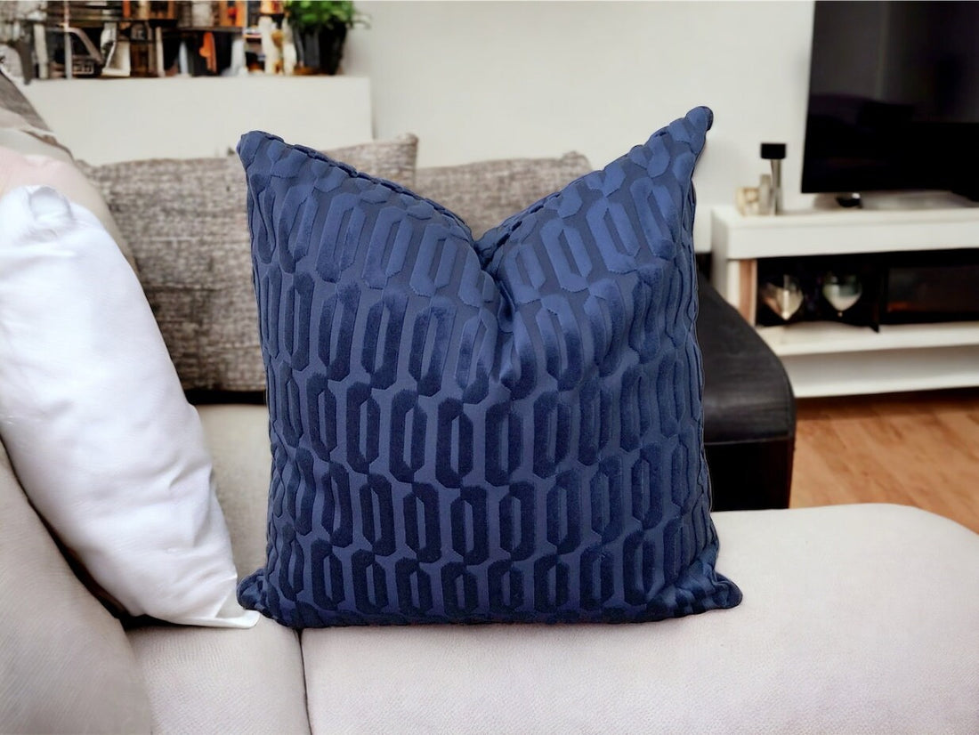 Navy Blue Velvet Geometric Pattern Decorative Throw Pillow Cover