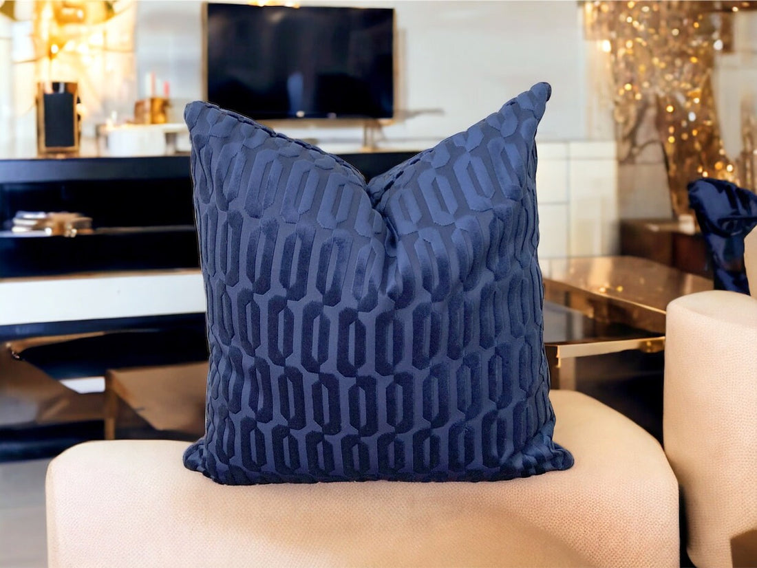 Navy Blue Velvet Geometric Pattern Decorative Throw Pillow Cover