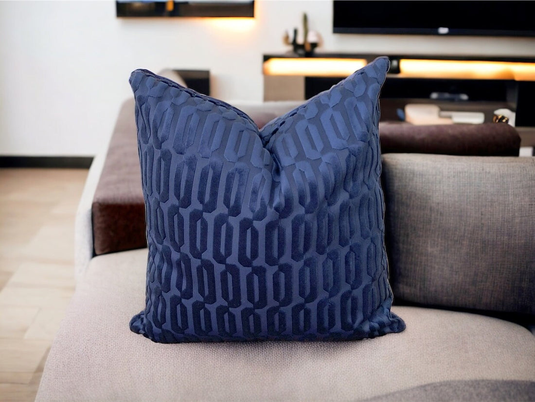 Navy Blue Velvet Geometric Pattern Decorative Throw Pillow Cover