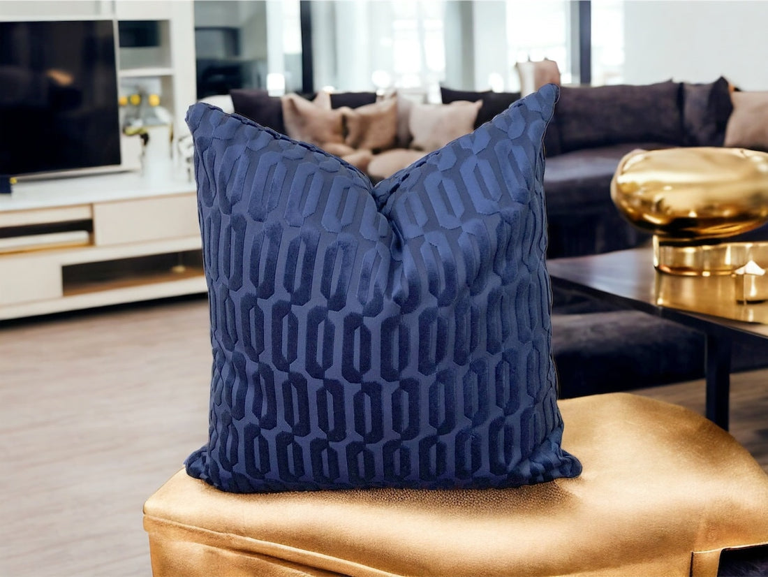 Navy Blue Velvet Geometric Pattern Decorative Throw Pillow Cover