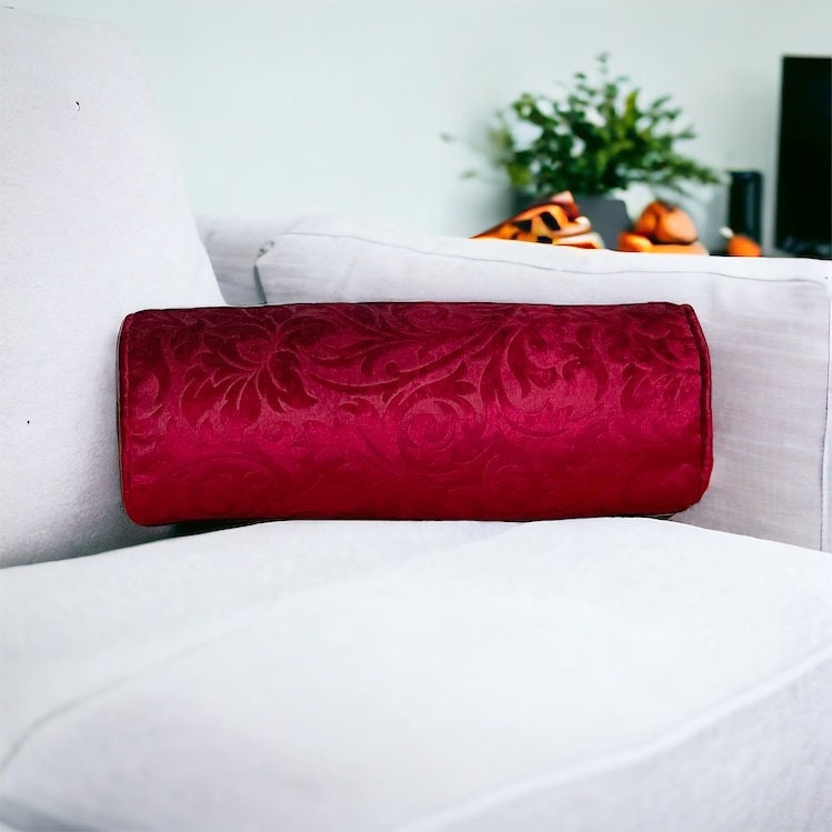 Red Floral Velvet Bolster Pillow Cover