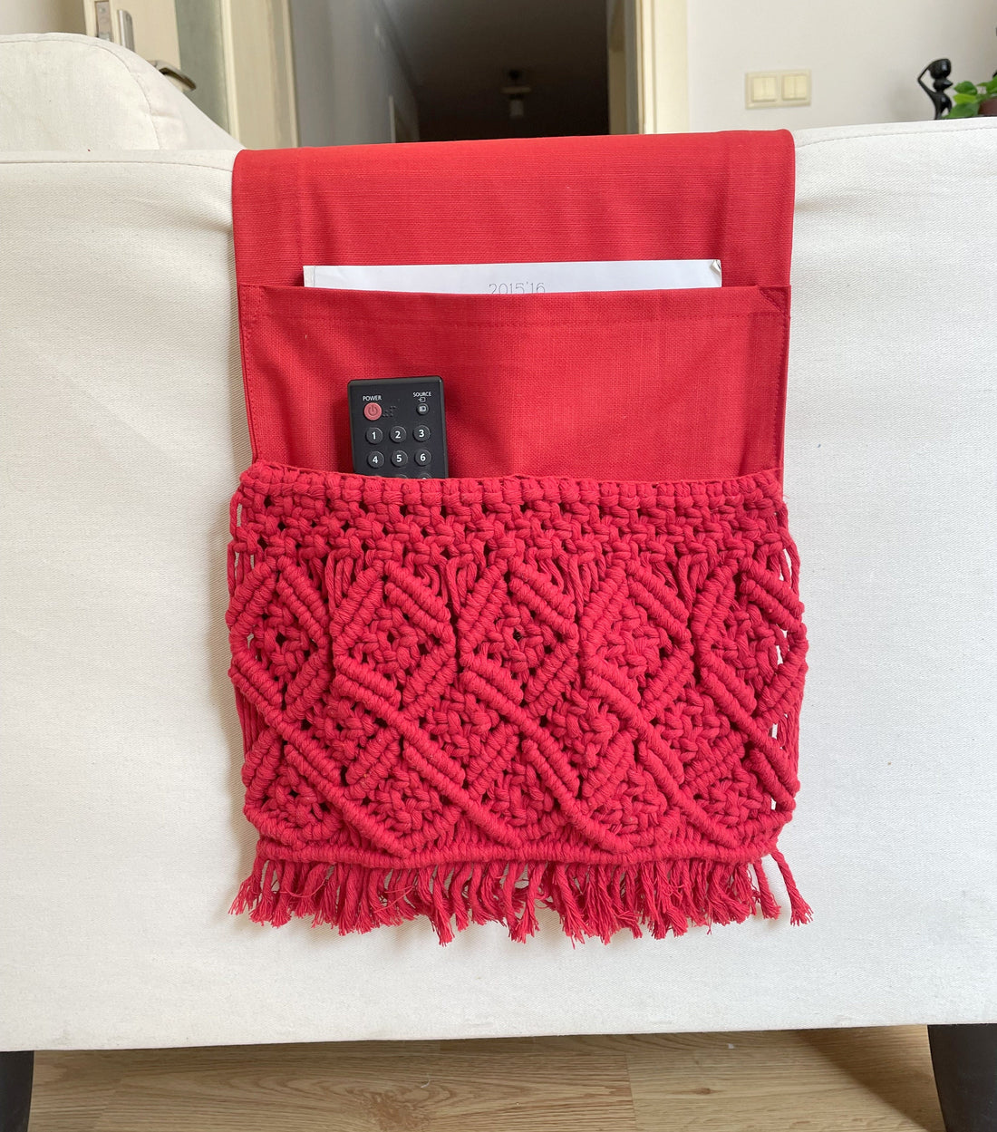 Red Macrame Armrest Organizer,Remote Control Holder,Storage Basket,Armchair Organizer,11x37"