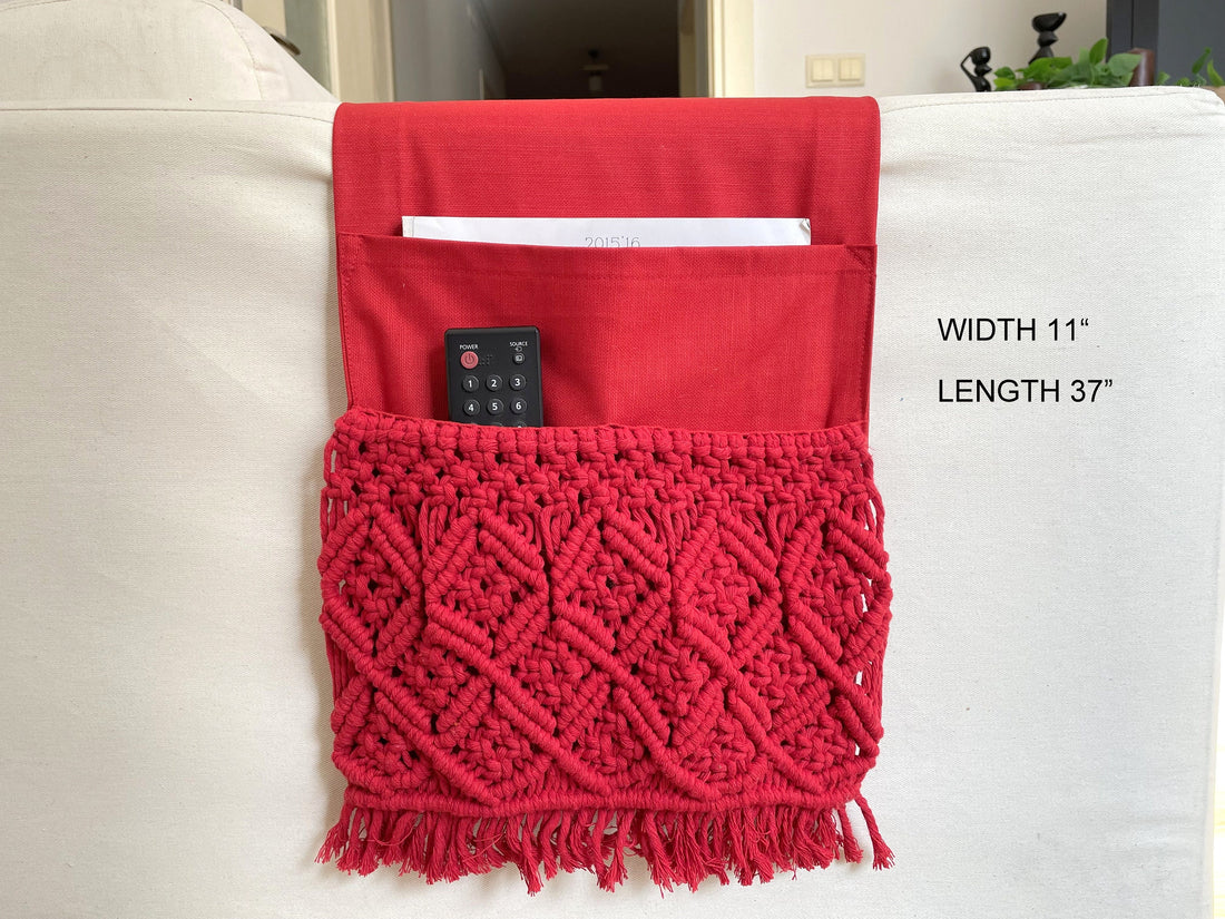 Red Macrame Armrest Organizer,Remote Control Holder,Storage Basket,Armchair Organizer,11x37"