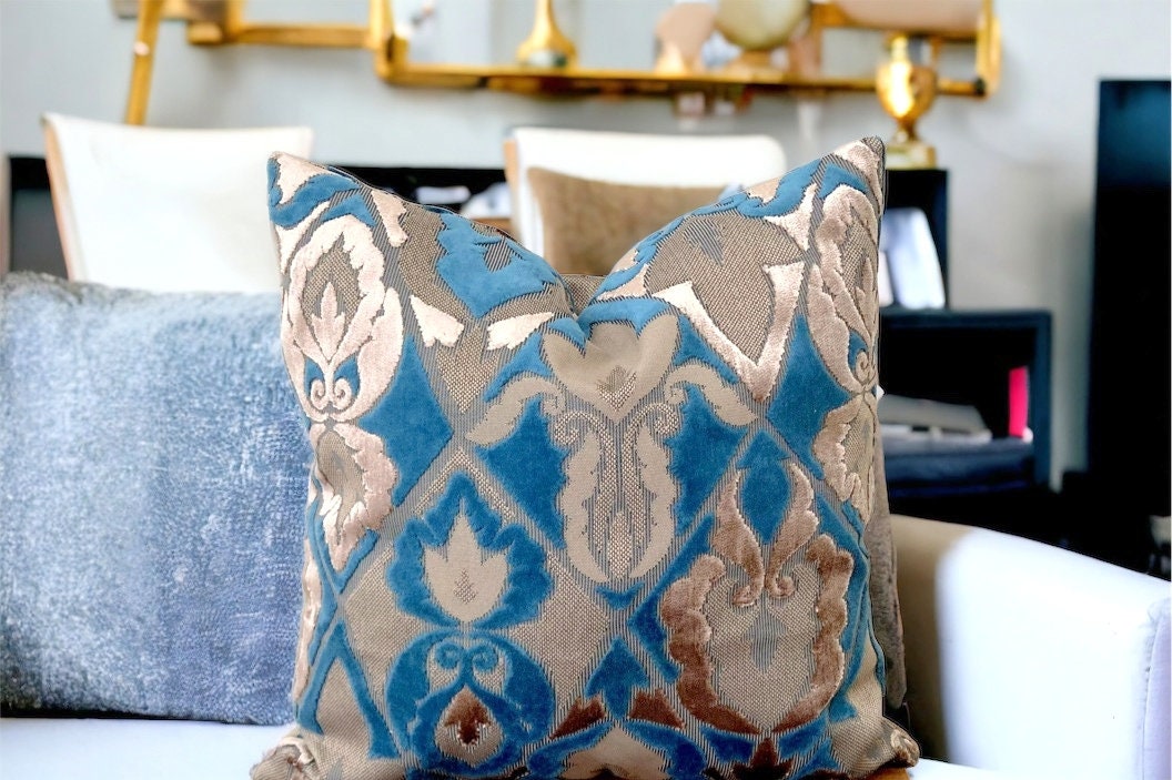 Stunning floral patterned blue decorative velvet pillow cover