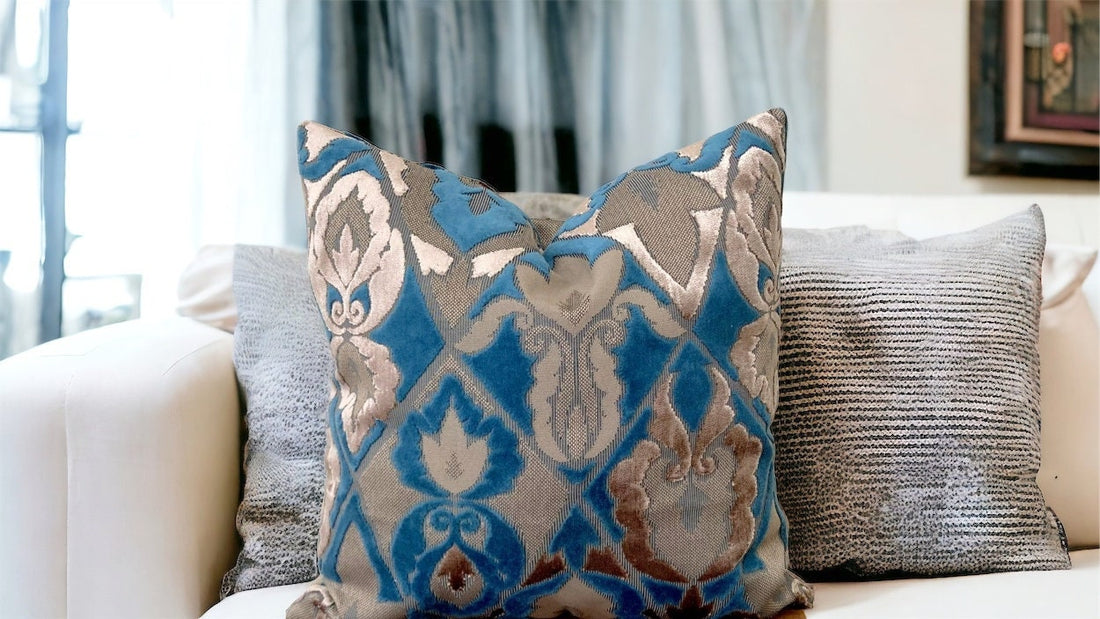 Stunning floral patterned blue decorative velvet pillow cover