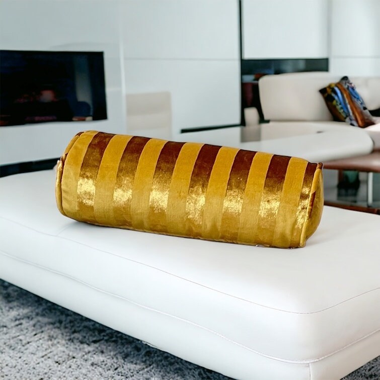 Gold Striped Velvet Bolster Pillow Cover