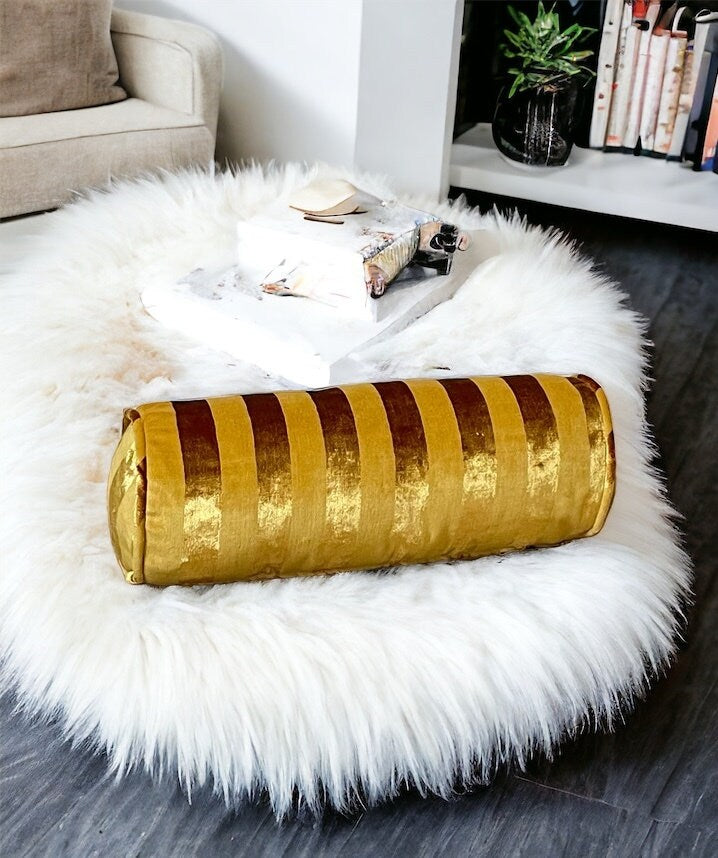 Gold Striped Velvet Bolster Pillow Cover