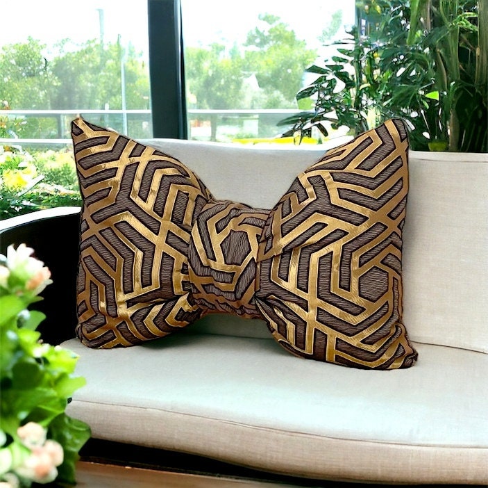 Velvet Decorative Bow Pillow with Gold and Black Geometric Pattern - 12x18"