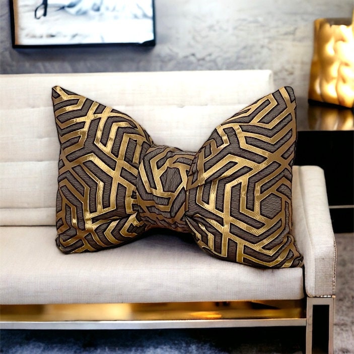 Velvet Decorative Bow Pillow with Gold and Black Geometric Pattern - 12x18"