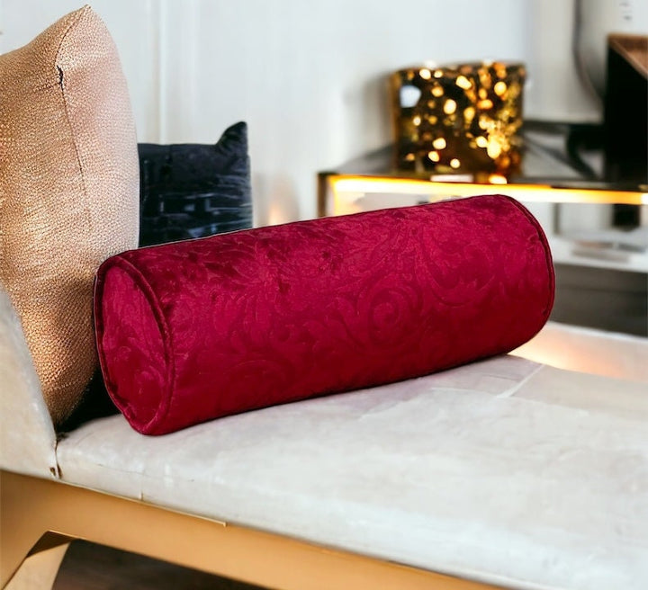 Red Floral Velvet Bolster Pillow Cover